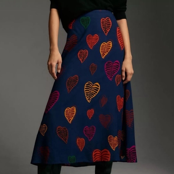 HTF Farm Rio Anthropologie Satin Slip Midi Skirt Hearts Leaves Medium